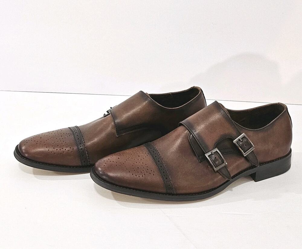 Asher Green Men’s 11 Brown Real Leather Double Monk Strap Dress Shoes Cap Toe